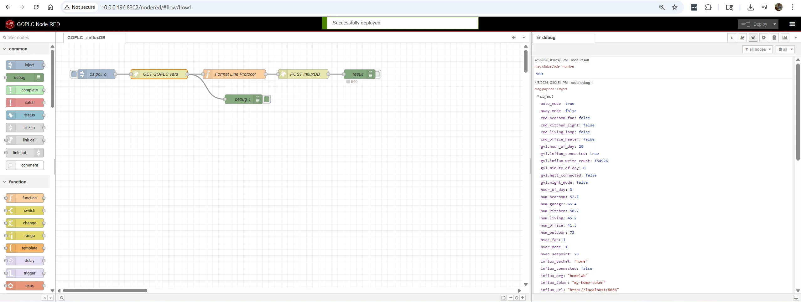 Node-RED editor with GoPLC flow