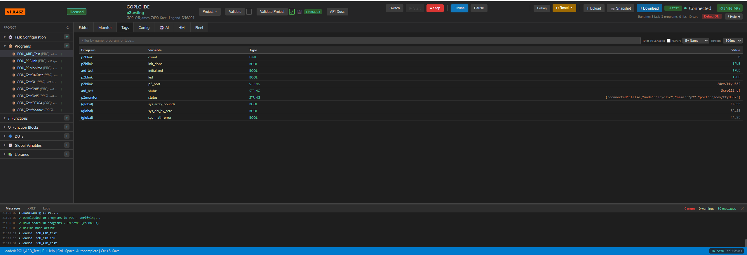 GOPLC Tags view showing flat variable table with program, variable name, type, and live values
